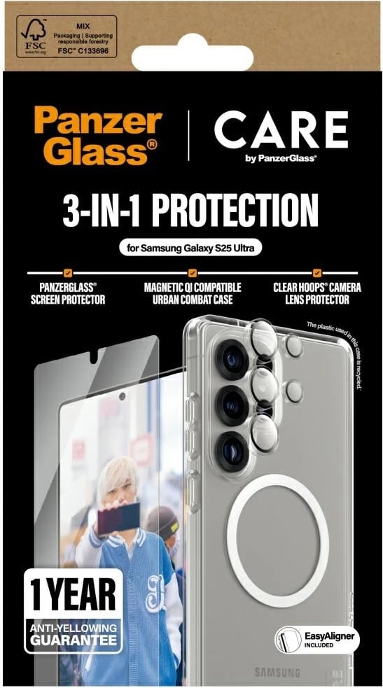 Mbështjellës PanzerGlass CARE 3in1 për Samsung Galaxy S25 Ultra, me xham mbrojtës dhe mbrojtës lente, Transparent