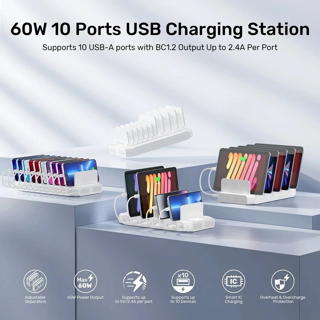 Stacion karikimi UNITEK, 10x USB, 2.4A, 60W, Bardhë