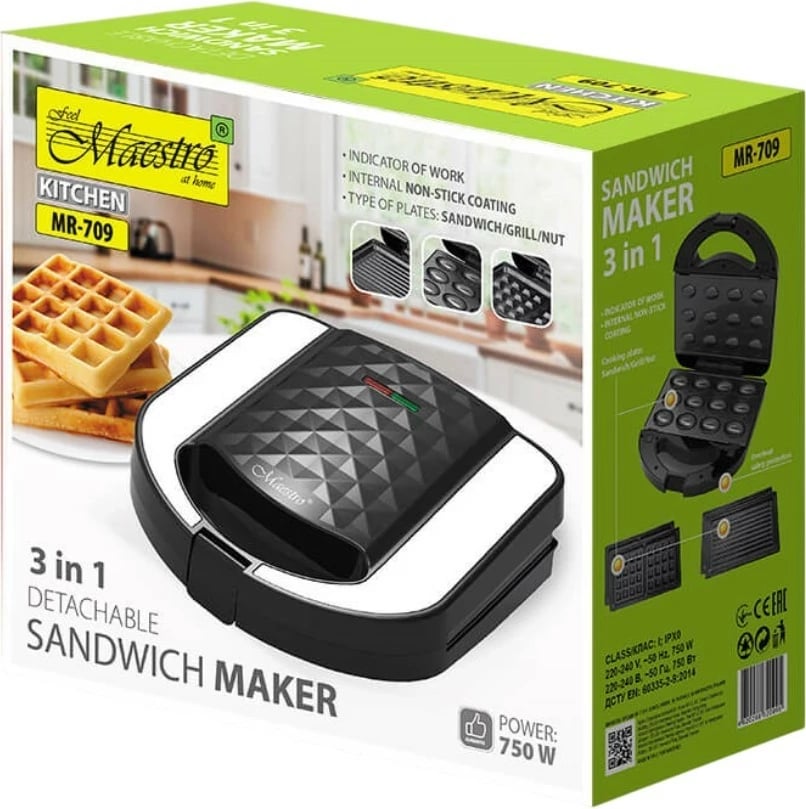 Tostier 3-në-1 Feel-Maestro MR-709 750 W pllaka të ndërrueshme jo-ngjitëse zi/argjend