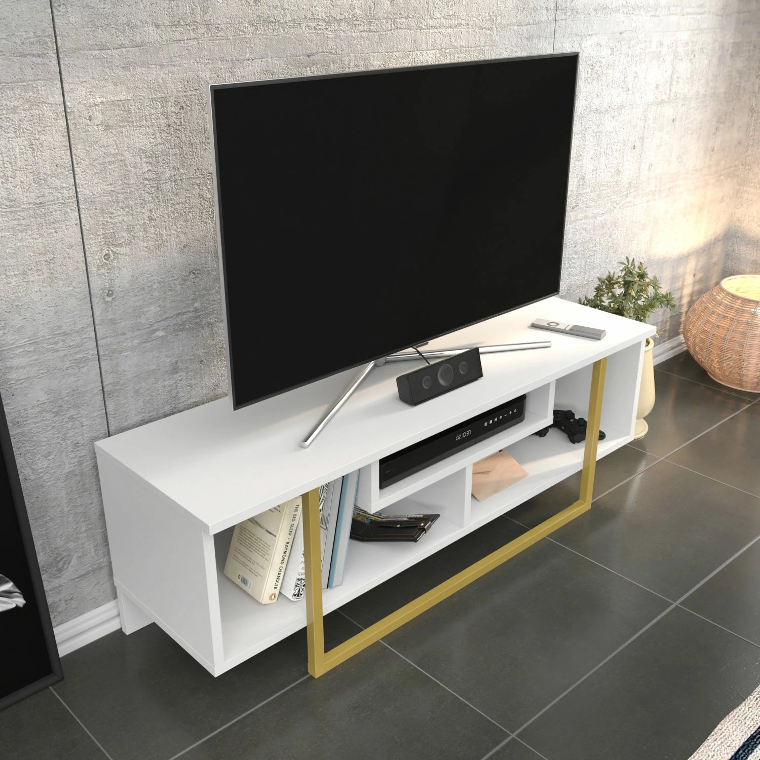 Komodë TV Hanah Home, Asal 120, ngjyrë ari dhe e bardhë