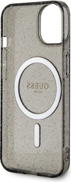 Mbështjellës Guess Glitter Gold MagSafe për iPhone 14, i zi