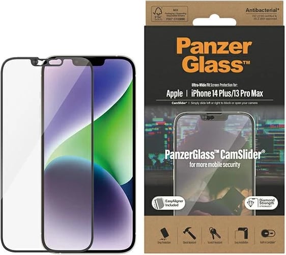 Mbrojtës ekrani PanzerGlass Ultra-Wide Fit CamSlider për iPhone 14 Plus / 13 Pro Max, antibakterial, me kapak kamere