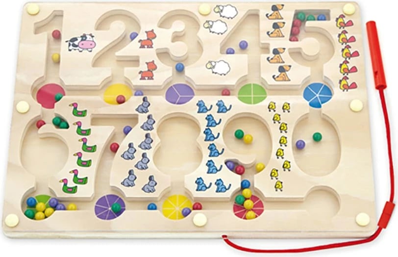 Lodër didaktike, Viga, labirint magnetik prej druri me numra, 30 x 22 cm, për 18+ muaj, multingjyrës