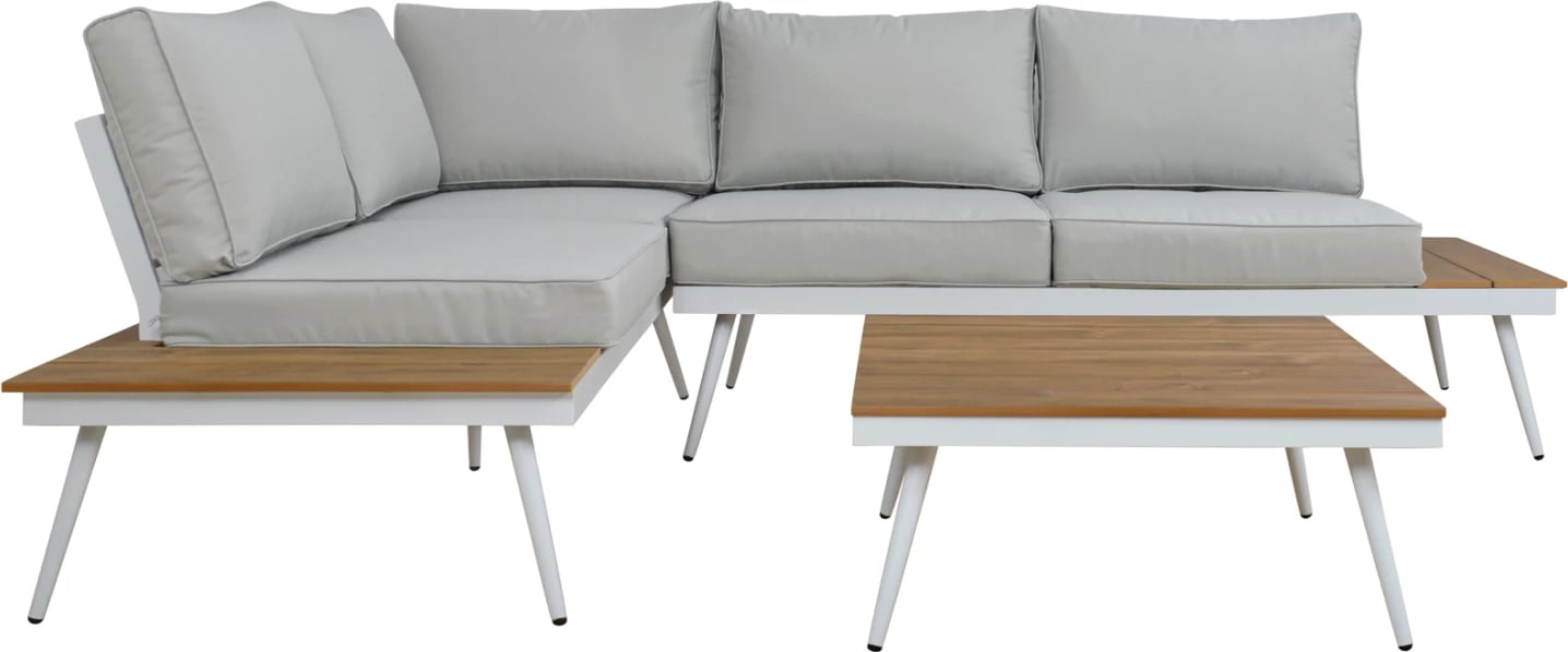 Set këndor divanësh me tavolinë për jashtë, alumin, ngjyrë gri, e bardhë, dru, FH5126.11