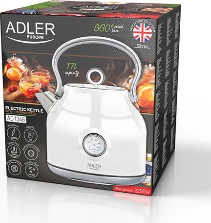 Çajnik elektrik, Adler AD 1346, 1.7L, STRIX, termometër analog, inox, 1850-2200W, bardhë