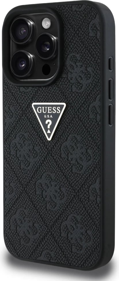 Mbështjellës Guess Hot Stamp 4G Pattern Triangle Metal Logo për iPhone 16 Pro, i zi