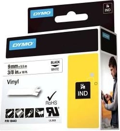 Shirit etiketime vinil, Dymo, 18443 S0718580, 9mm x 5.5m, e zezë në të bardhë