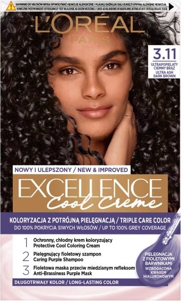 Ngjyrë për flokë L'Oreal Paris Excellence Cool Creme 3.11 Ultrapopielaty Ciemny Brąz për femra, 1 copë