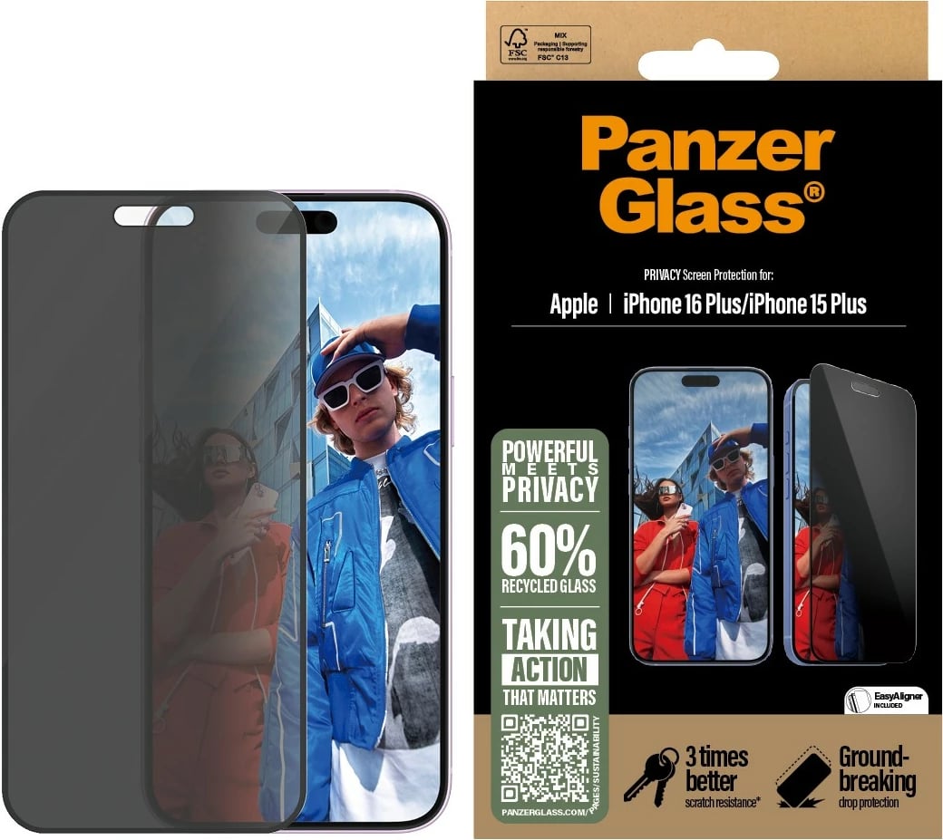 Mbrojtës ekrani PanzerGlass për iPhone 16/15 Plus, Privacy, transparent