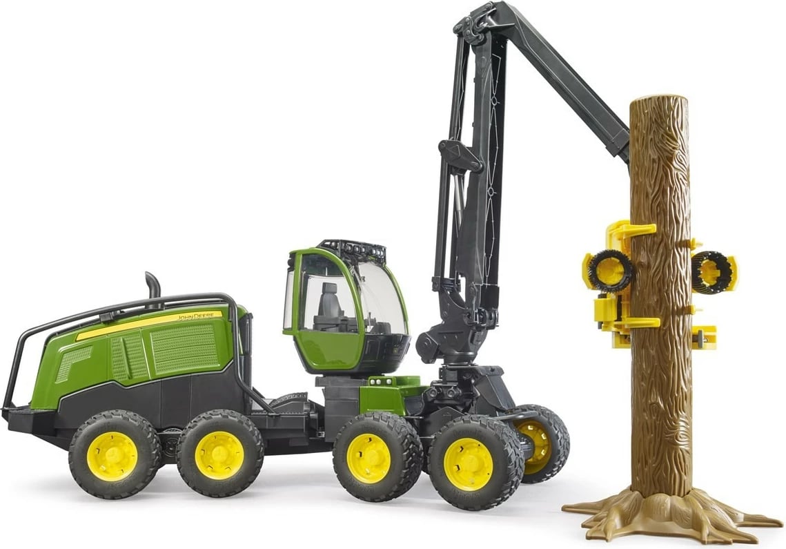 Lodër korrëse pylli BRUDER John Deere 1270G, plastikë, me trung druri, Jeshile/Zezë