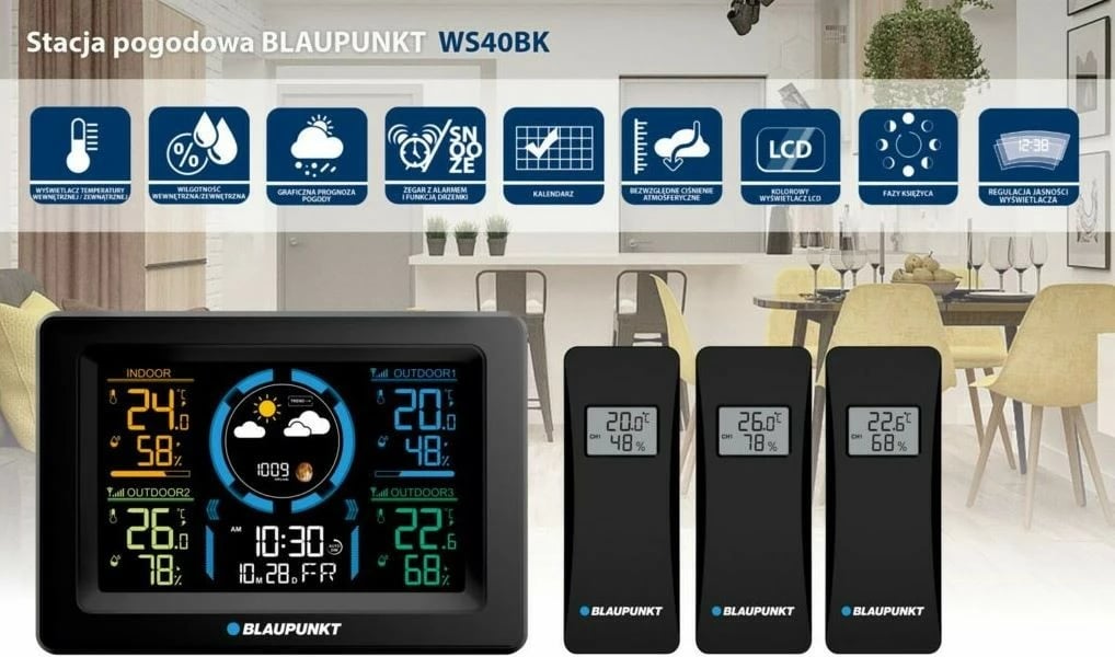 Stacion moti Blaupunkt WS40BK me 3 sensorë pa tela, Ekran me ngjyra, Zi
