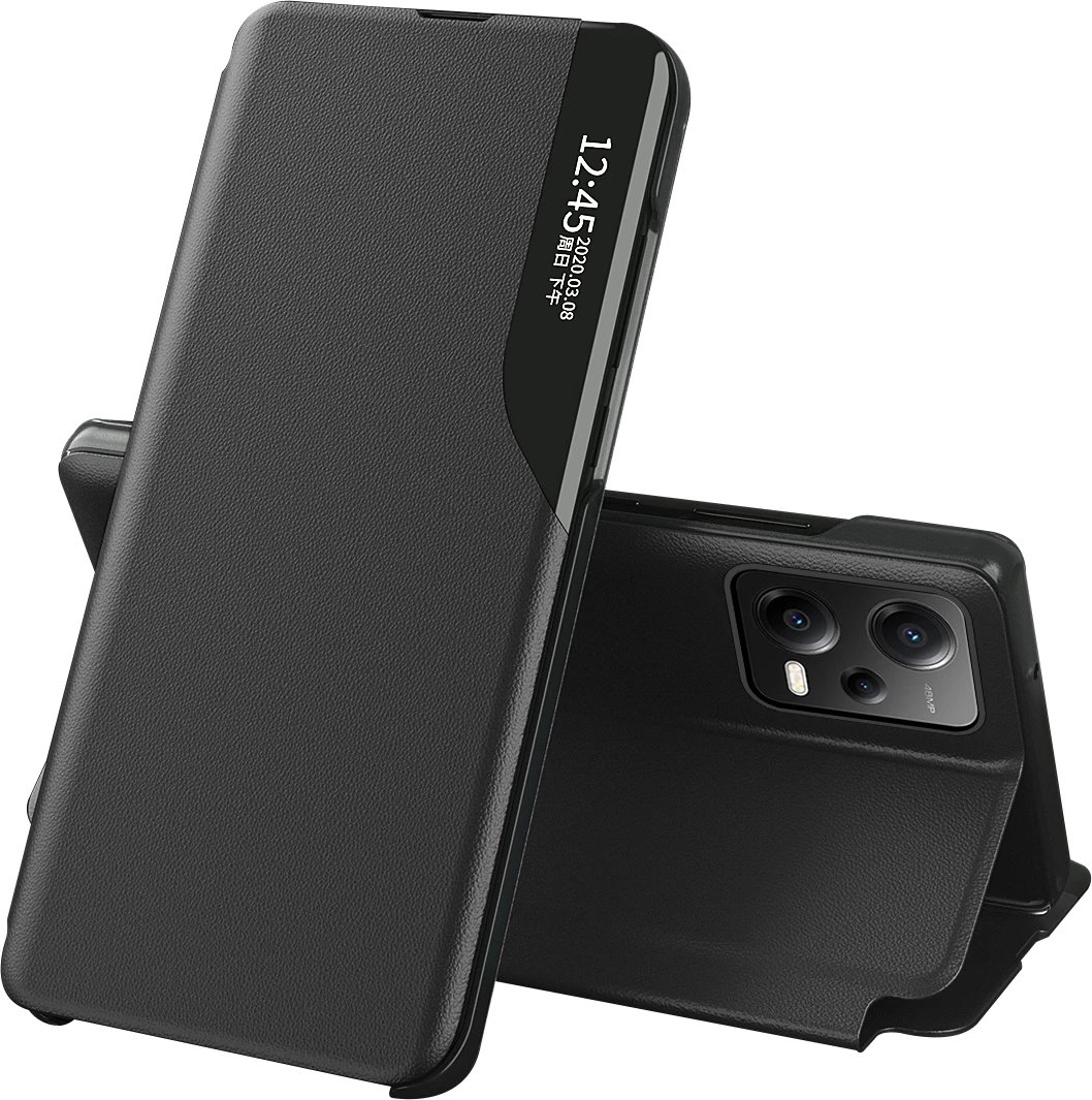Mbështjellës Hurtel Eco Leather View Case për Xiaomi Redmi Note 12 Pro / Poco X5 Pro 5G, me qëndrim, i zi