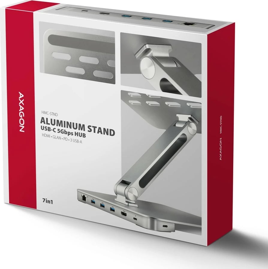 Mbajtës me hub 7-në-1 AXAGON HMC-STND, për laptop 10"-16", alumini, 3x USB-A, HDMI 4K, RJ-45, PD 100W, argjendtë