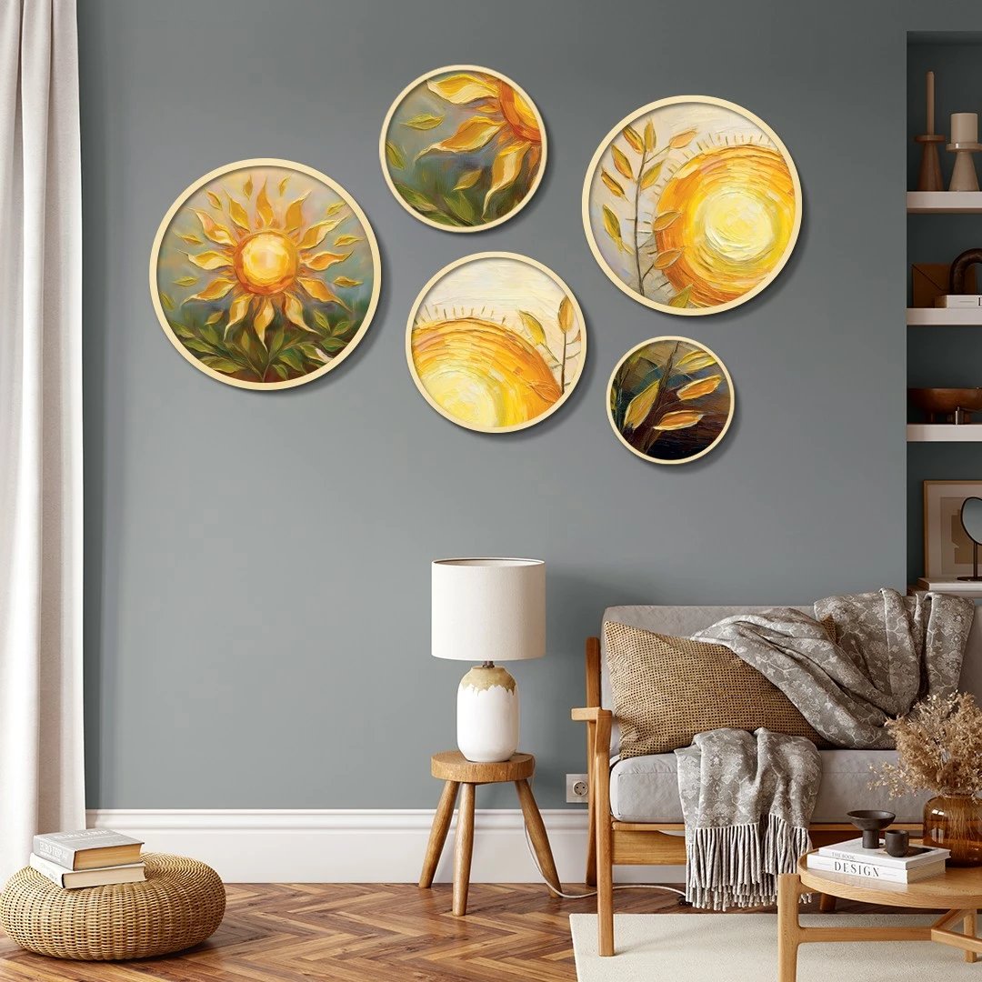 Set pikturash dekorative të rrumbullakëta, MDF me kornizë, shumëngjyrëshe, 5 copë, Wallity Yats-25