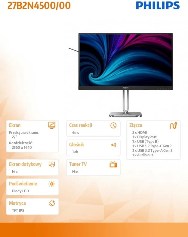 Monitor Philips 27B2N4500 27" QHD 120Hz IPS HDMIx2 DP USB-C pivot altoparlantë grafit/argjendtë
