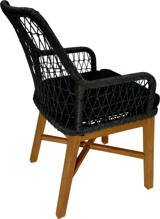 Karrige me krahë Elaiza dru teak dhe litar sintetik, ngjyrë natyrale-e zezë, me jastëk, 58x60x90cm