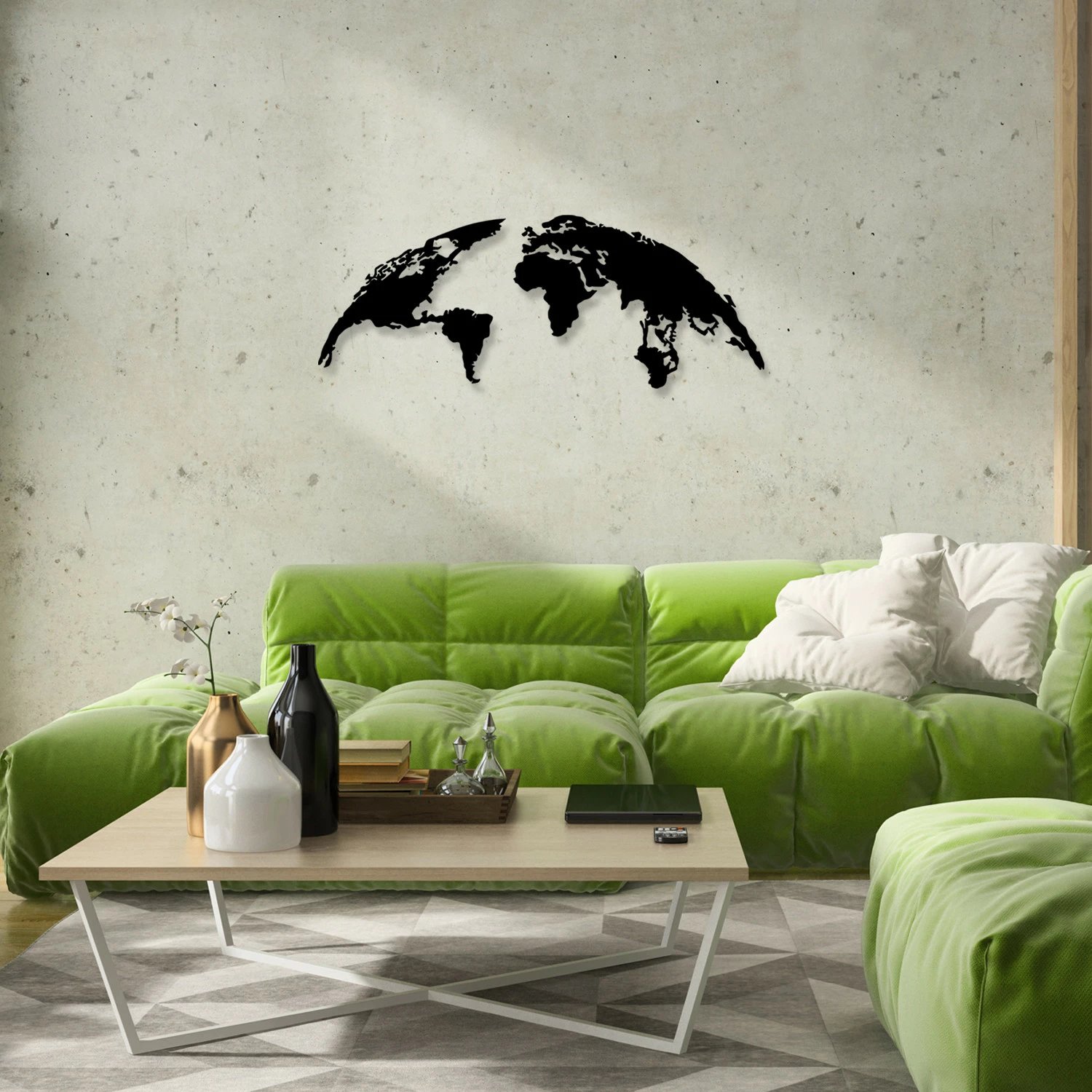 Aksesor dekorativ metalik për mur, hartë bote, ngjyrë e zezë, madhësi mesatare