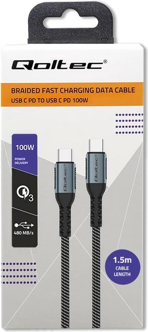 Kabllo USB Type-C Qoltec 52358, 1.5m, 100W, QC 3.0, e zezë