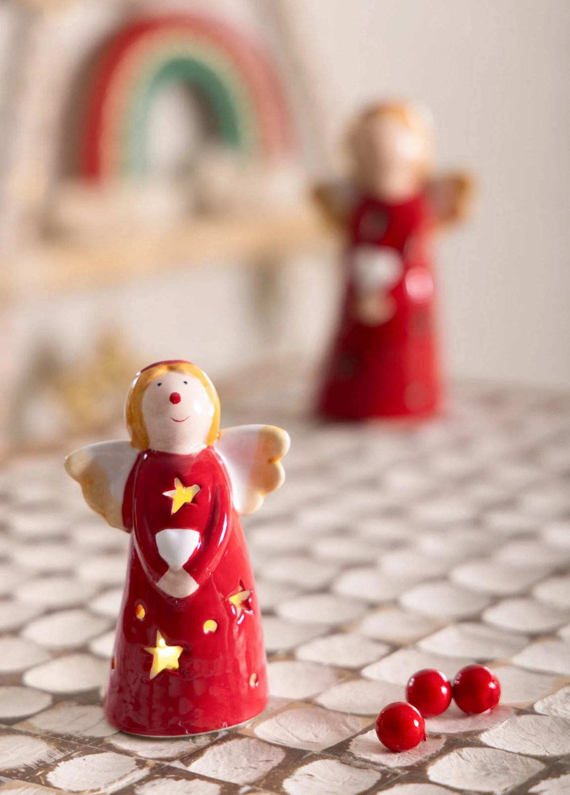 Objekt dekorativ prej qeramike, ngjyrë e kuqe dhe e bardhë, me dritë LED, Evila Originals, SUS0163, 7x5x10cm