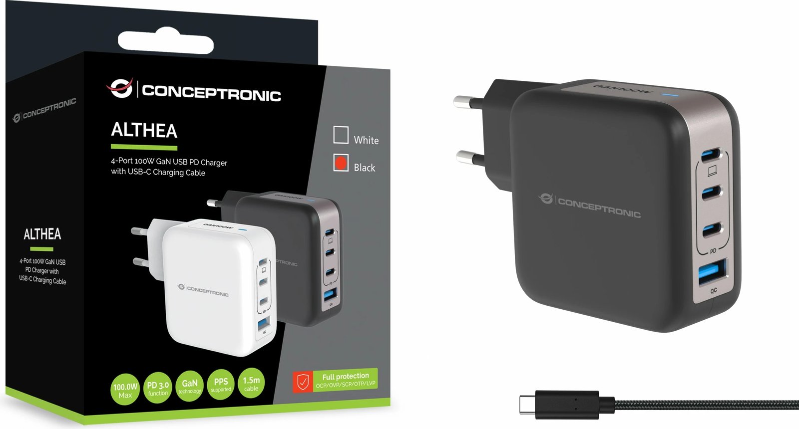 Karikues Conceptronic 4 porta GaN, 3x USB-C, 1x USB-A, 100W, i zi