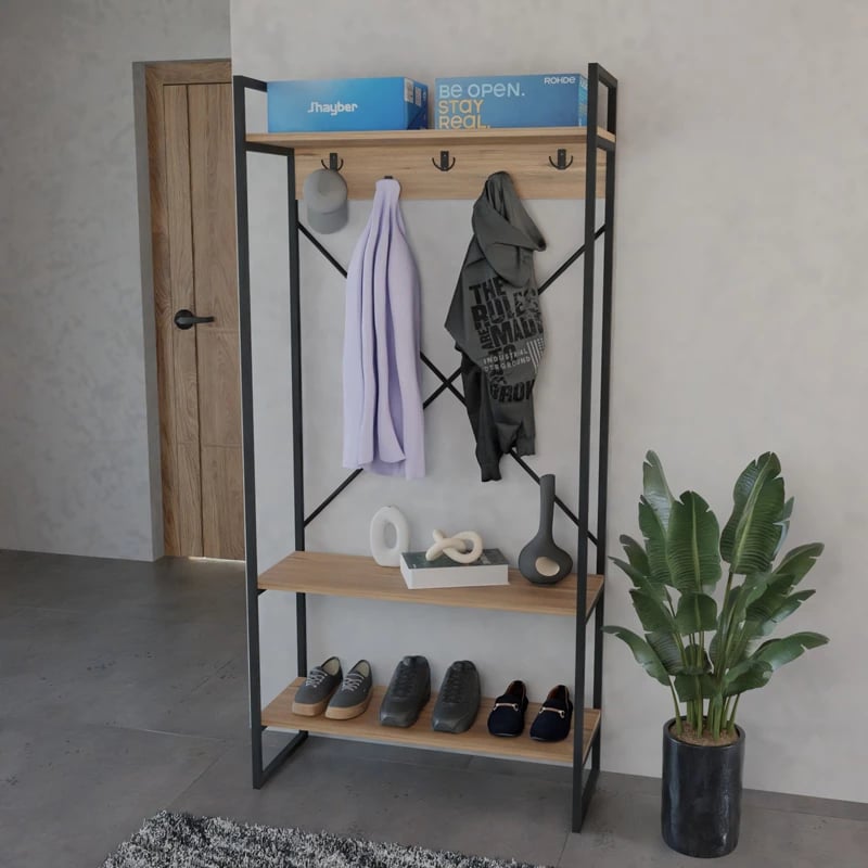 Mobilje hyrëse Levento, ngjyrë lisi me kornizë metalike të zezë, 88x34x180 cm