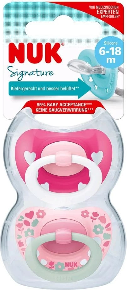 Cicë qetësuese bebe, NUK Signature, 6-18 muaj, për vajza, rozë, set 2 copë