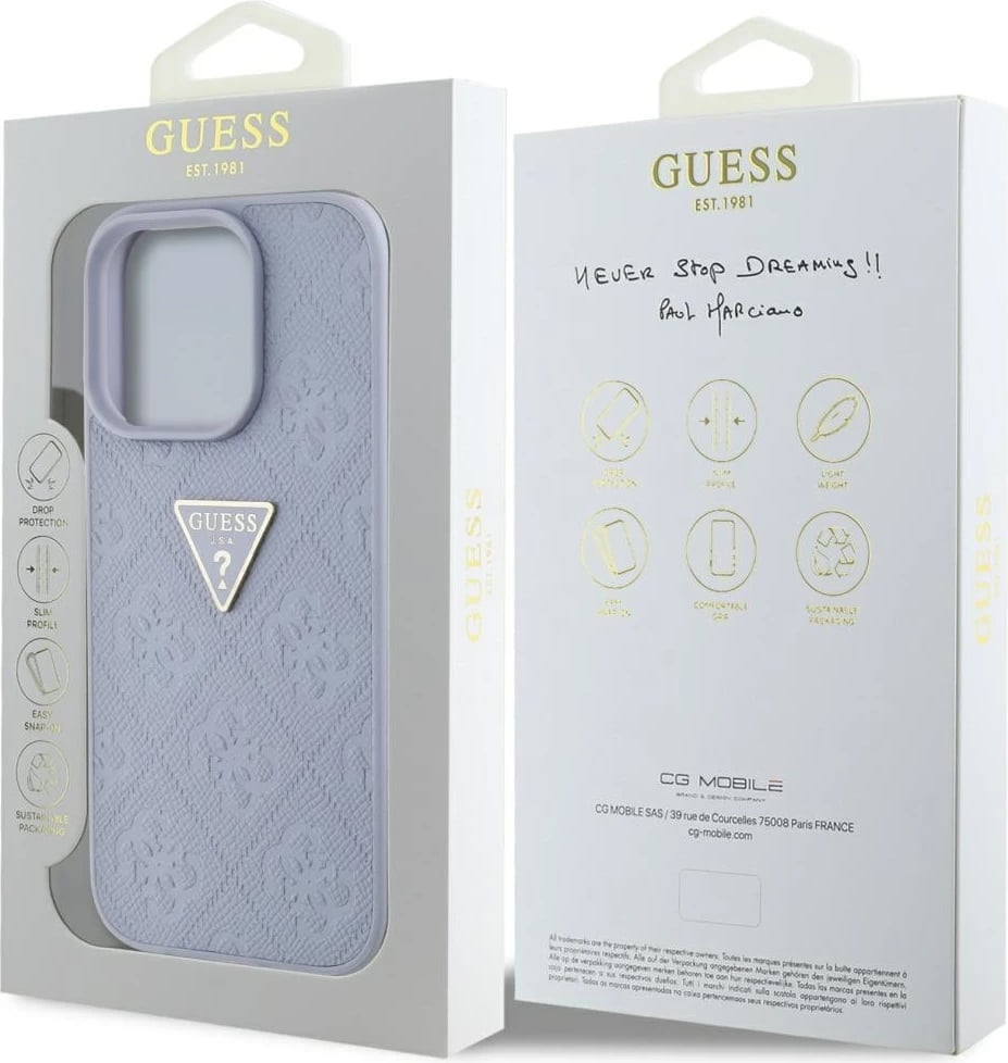 Mbështjellës Guess Hot Stamp 4G Pattern Triangle Metal Logo për iPhone 16 Pro, Vjollcë Mbështjellës Guess Hot Stamp 4G Pattern Triangle Metal Logo për iPhone 16 Pro, Vjollcë