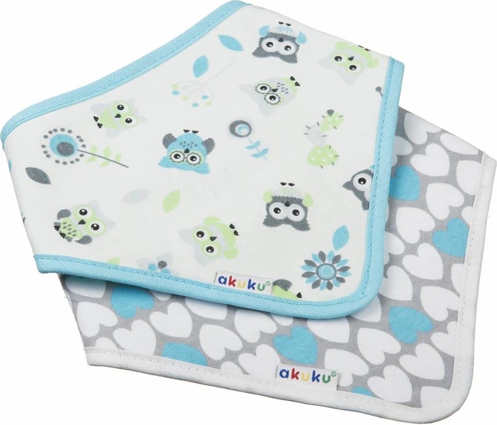 bib-shall për bebe, AKUKU, 100% pambuk, 38x16 cm, mbyllje me velcro, për djem, ngjyrë turkuaz, set 2 copë