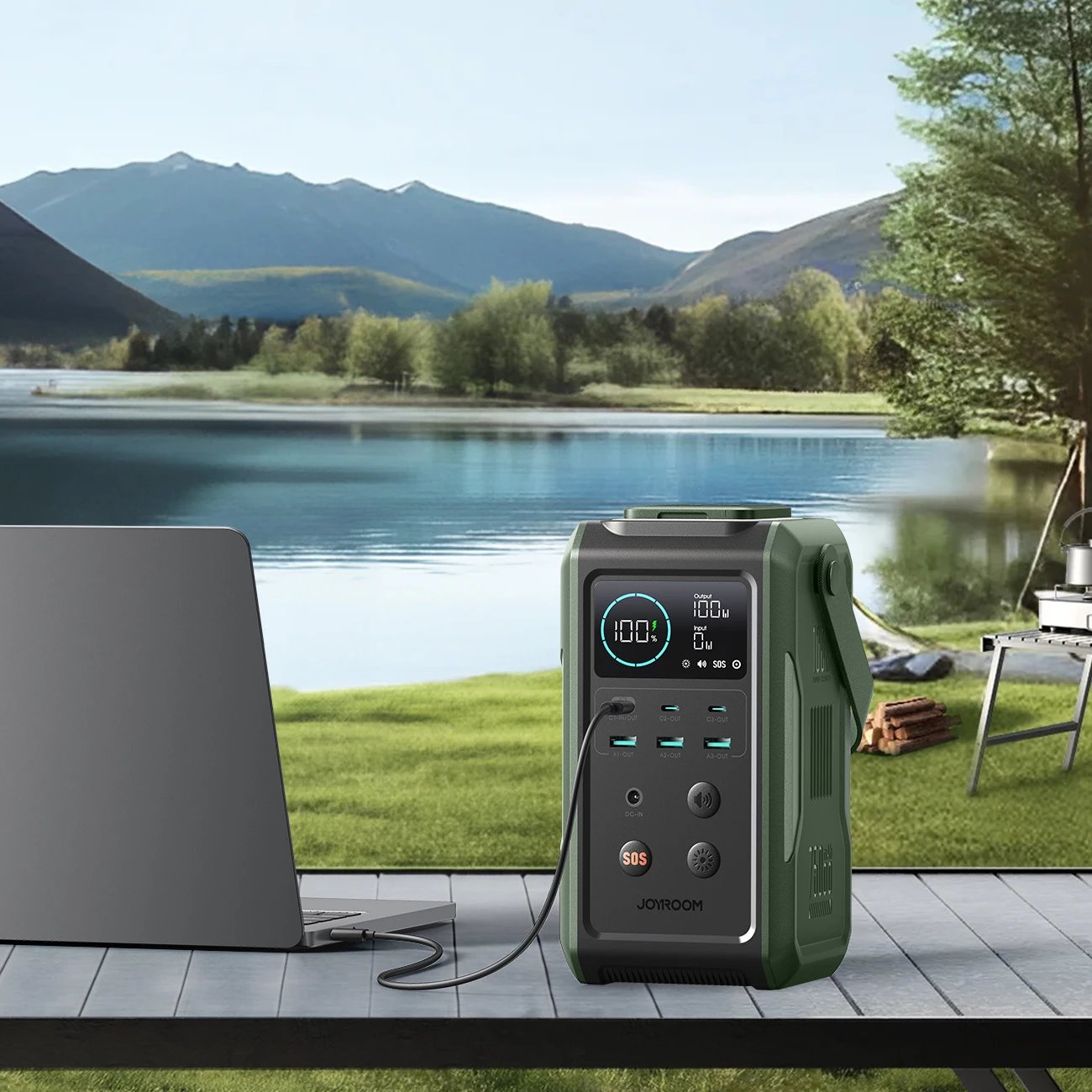 powerbank Joyroom JR-PBF10 75000mAh 100W 3x USB-C 3x USB-A me elektrik palosës dhe dorezë, e gjelbër