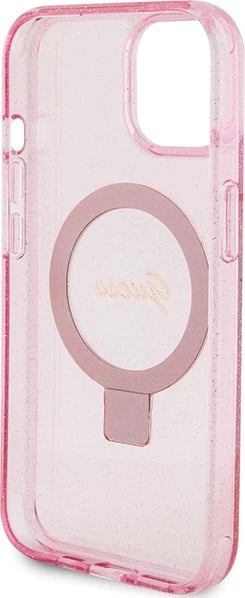 Mbështjellës Guess Ring Stand Script Glitter MagSafe për iPhone 15 Plus / 14 Plus, Rozë