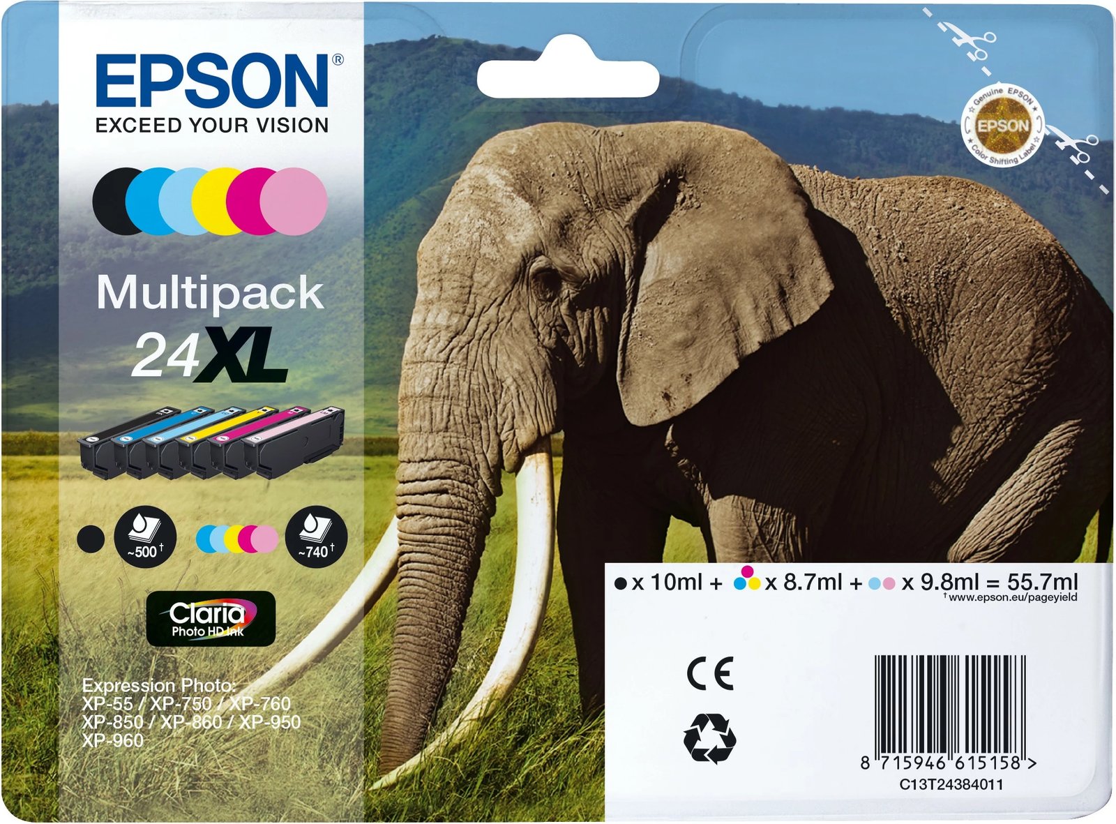 Multipack bojë Epson Elephant 24XL Claria Photo HD, 6 ngjyra, XL, 10 ml, 8.7 ml, 6 copë