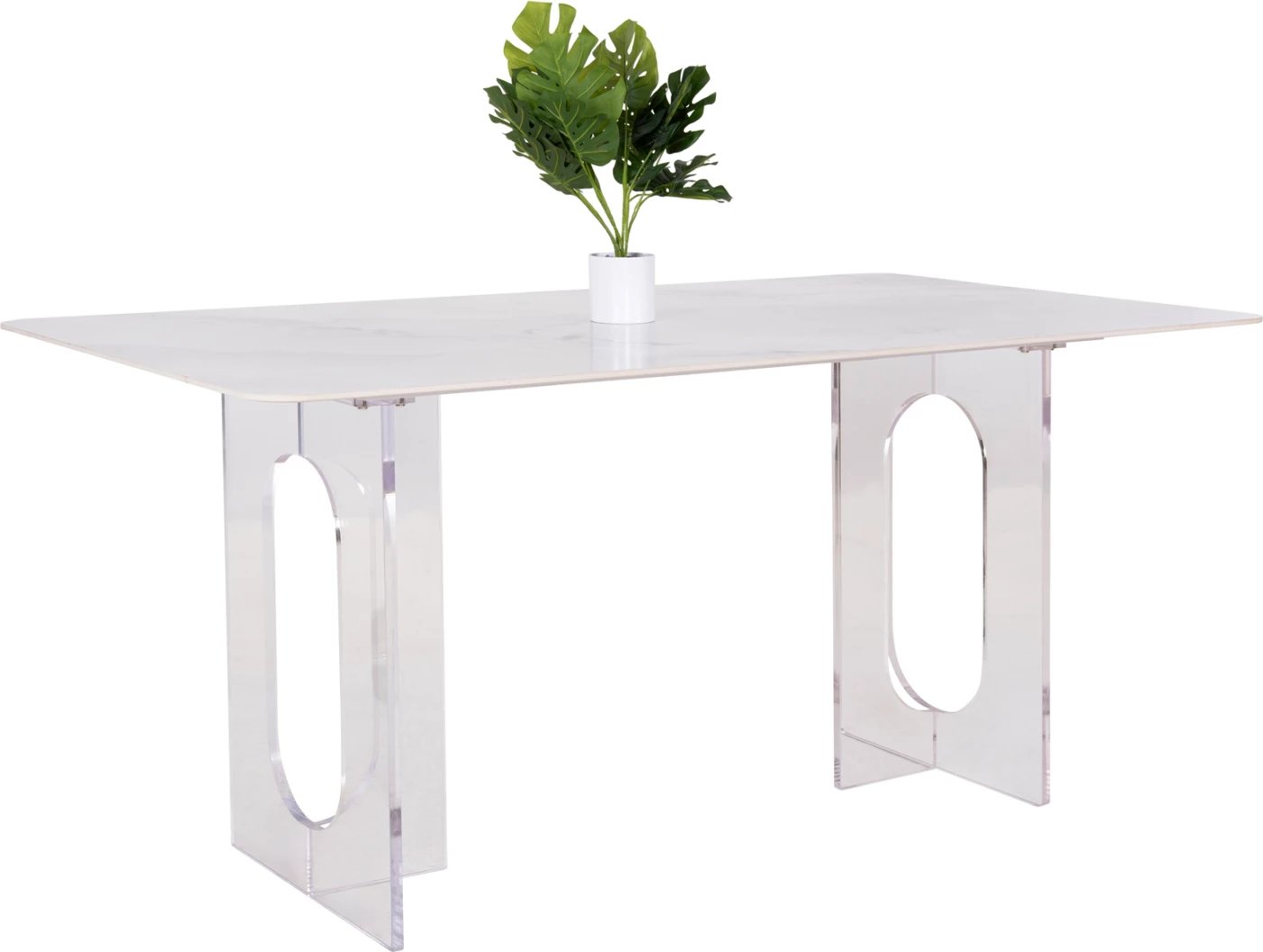 Tavolinë ngrënieje AETHER, FH9769.01, sipërfaqe qeramike e bardhë 12mm, këmbë akrilike, 160x90x75H cm