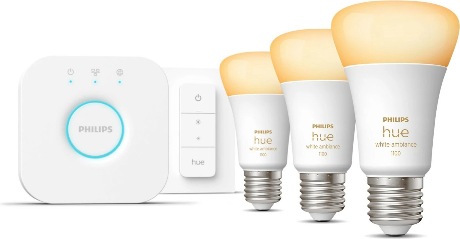 Kit ndriçimi smart Philips Hue White Ambiance, 3 llamba E27, LED, Bardhë Kit ndriçimi smart Philips Hue White Ambiance, 3 llamba E27, LED, Bardhë