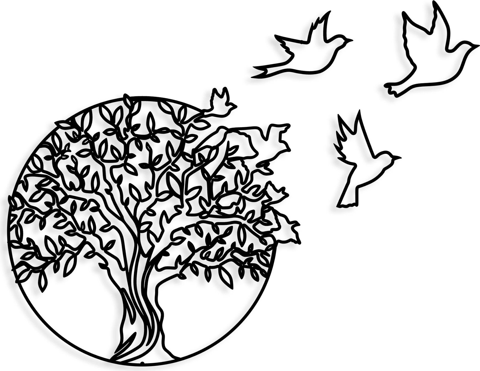 Aksesor dekorativ metalik për mur, pemë dhe zogj, Wallity, 61x56cm