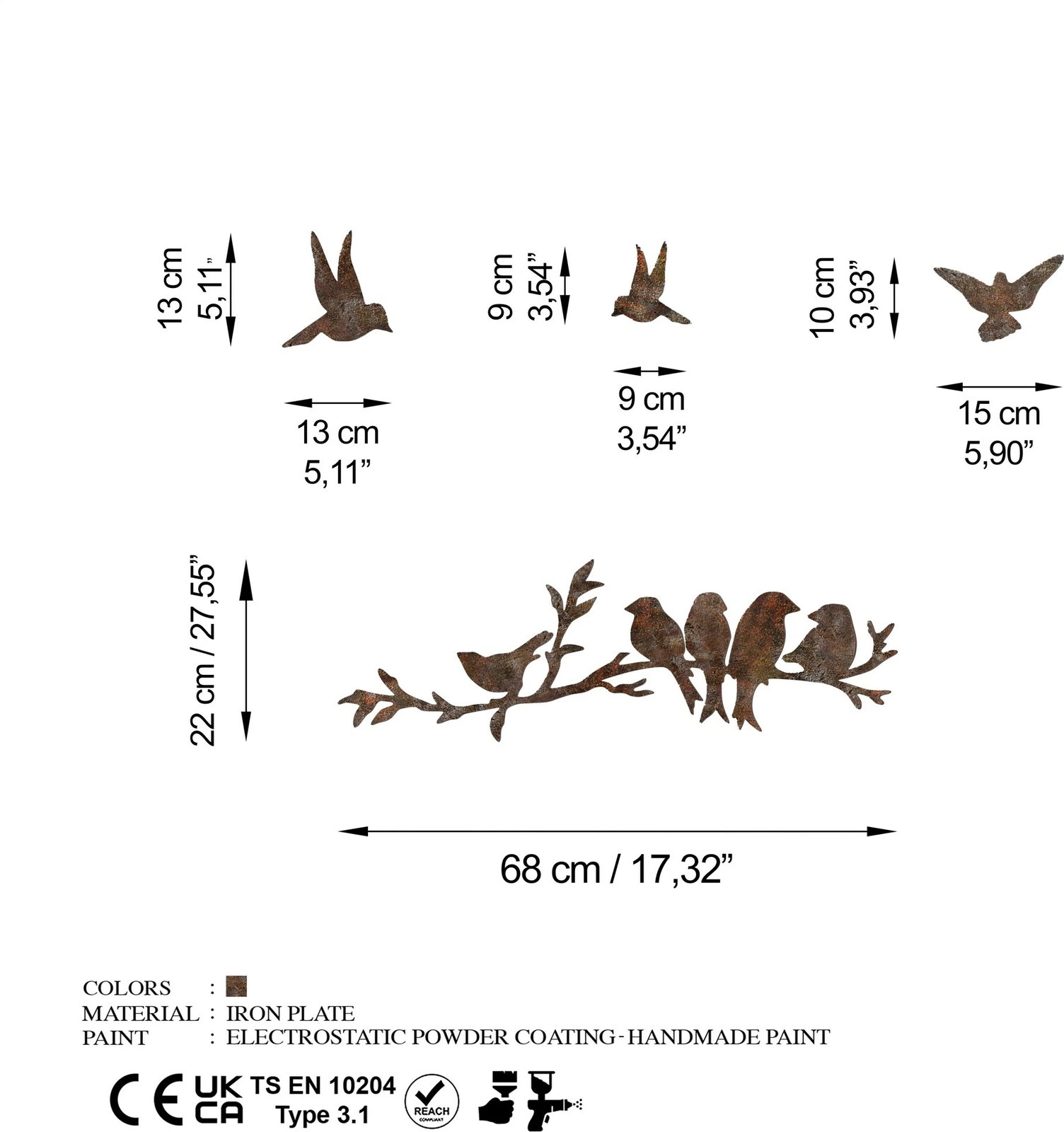 Aksesor metalik dekorativ për mur, Wallity, zogj të ndryshkur 2