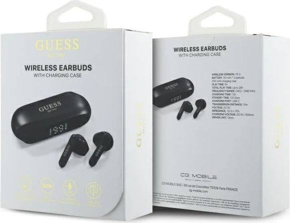 Kufje TWS Guess Elongated Metallic Logo me stacion karikimi, Bluetooth 5.3, të zeza Kufje TWS Guess Elongated Metallic Logo me stacion karikimi, Bluetooth 5.3, të zeza