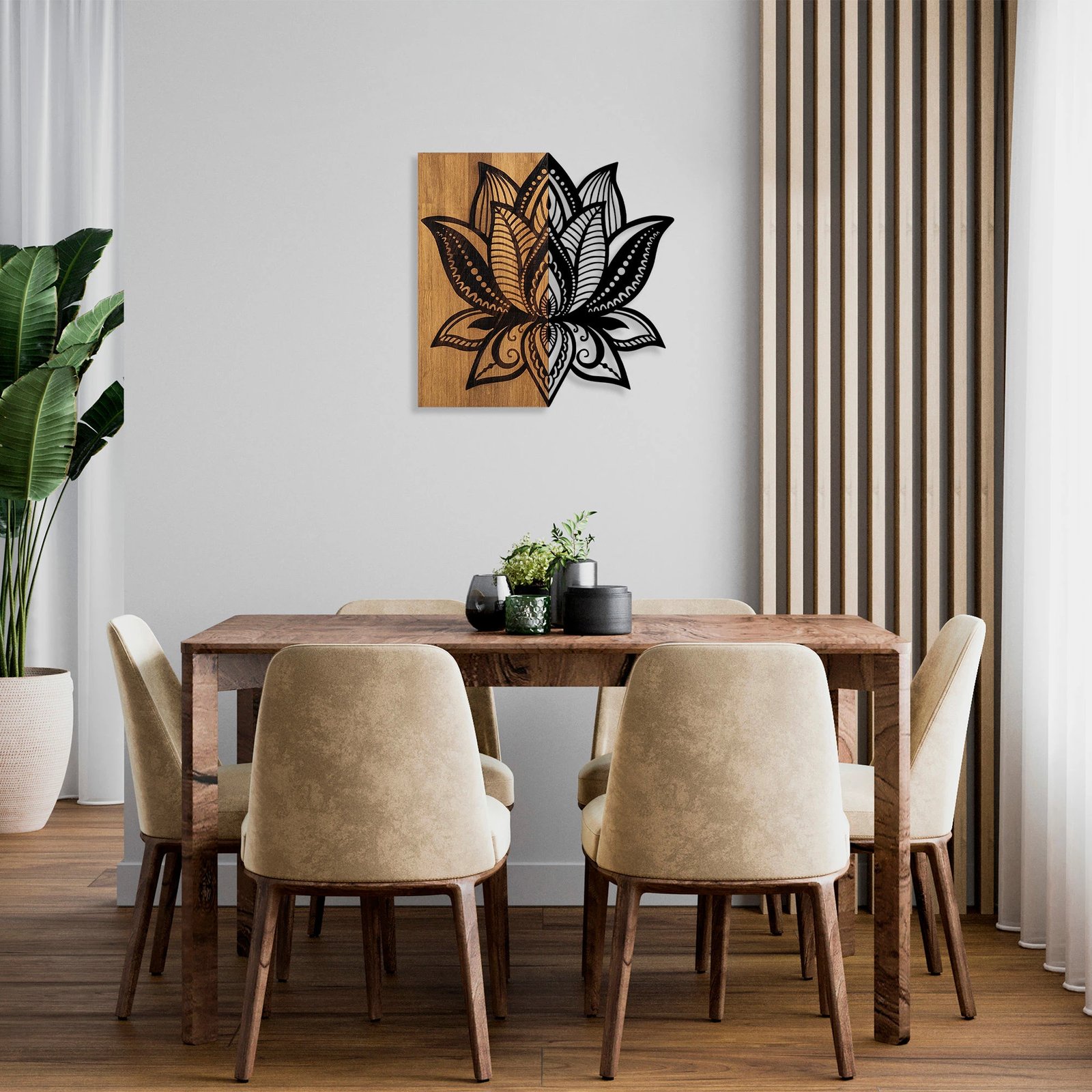 Aksesor dekorativ për mur, dru dhe metal, lotus, ngjyrë arre dhe e zezë, 58x59cm