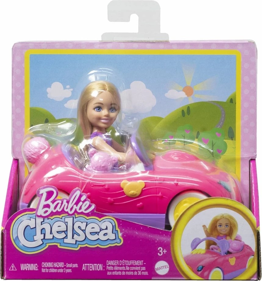 Set lodrash Barbie Chelsea me kukull të vogël bionde, makinë lodër dhe ariush, shumëngjyrëshe