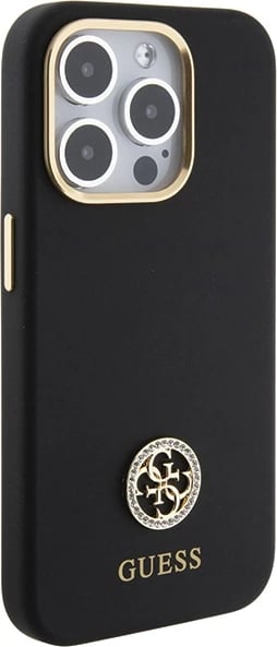 Mbështjellës Guess Silicone Logo Strass 4G për iPhone 15 Pro, i zi