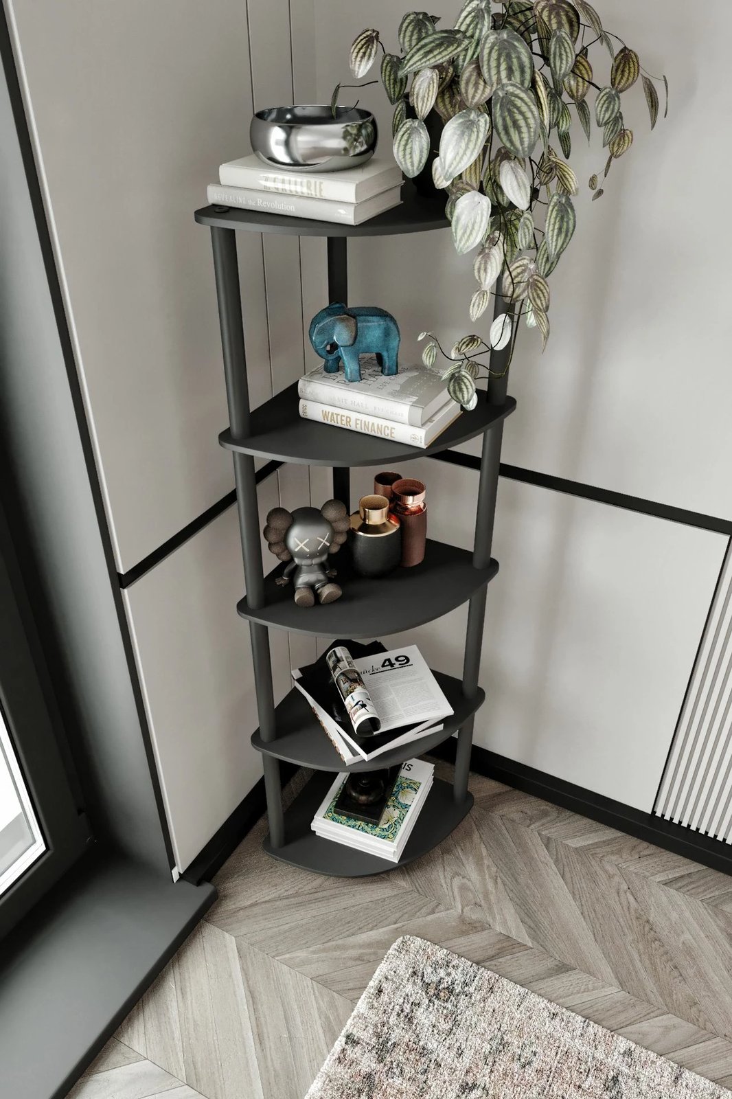 Raft këndi për libra Skye Decor, i zi, 5 nivele