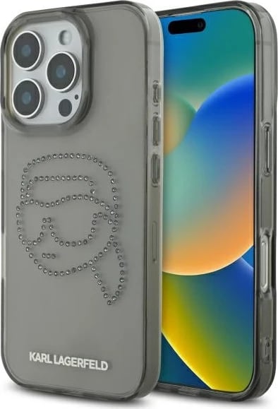 Mbështjellës Karl Lagerfeld KLHCP16XHKHDCELK për iPhone 16 Pro Max 6.9", i zi, hardcase me rhinestones