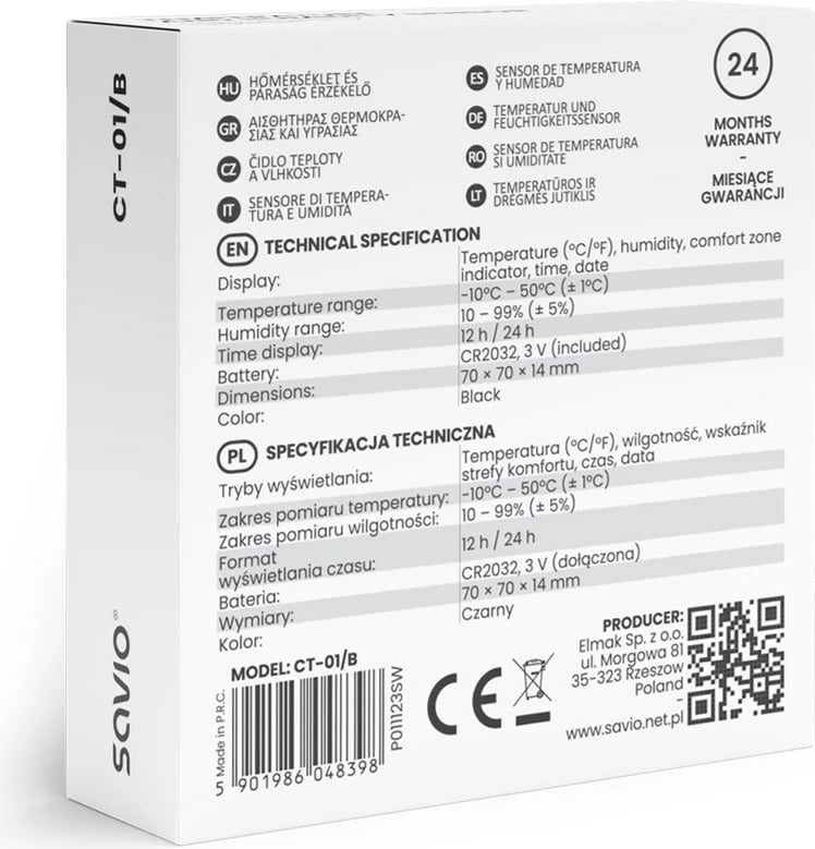 Stacion moti SAVIO CT-01/B, sensor temperature dhe lagështie, ekran LCD, zi