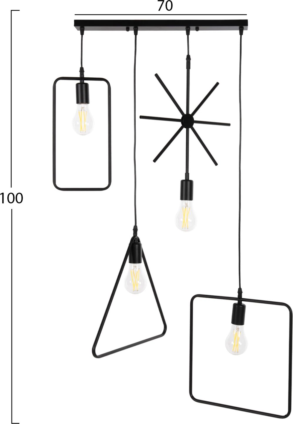 Llambë varëse tavani 4-drita, metal i zi, forma gjeometrike, FH4099, 70x38x106H cm Llambë varëse tavani 4-drita, metal i zi, forma gjeometrike, FH4099, 70x38x106H cm
