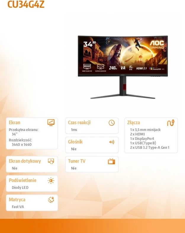 Monitor gaming AOC CU34G4Z, 34", 240Hz, VA, WQHD, HDMI 2.1, i zi
