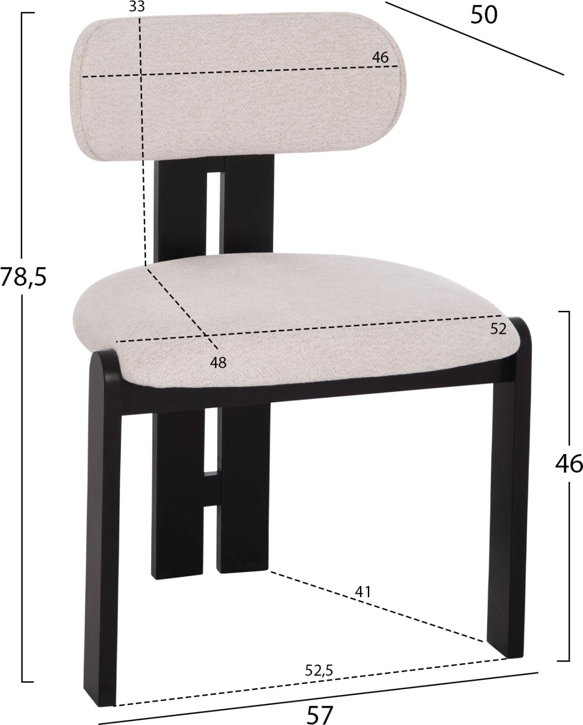 Karrige ngrënieje KARVO, stof ngjyrë krem e bardhë, dru i zi, 57x50x78.5cm, set prej 2 copë