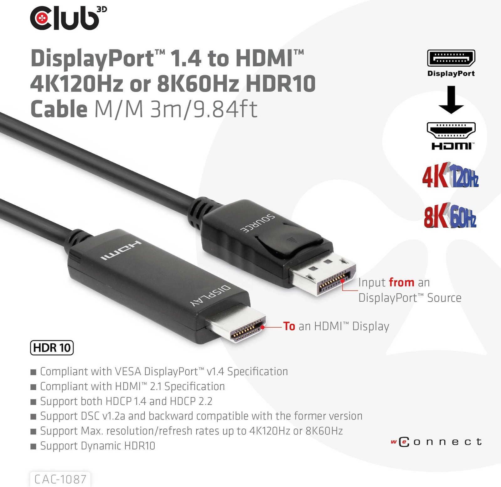 Kabllo DisplayPort në HDMI Club3D 3m, HDR10, 8K, e zezë