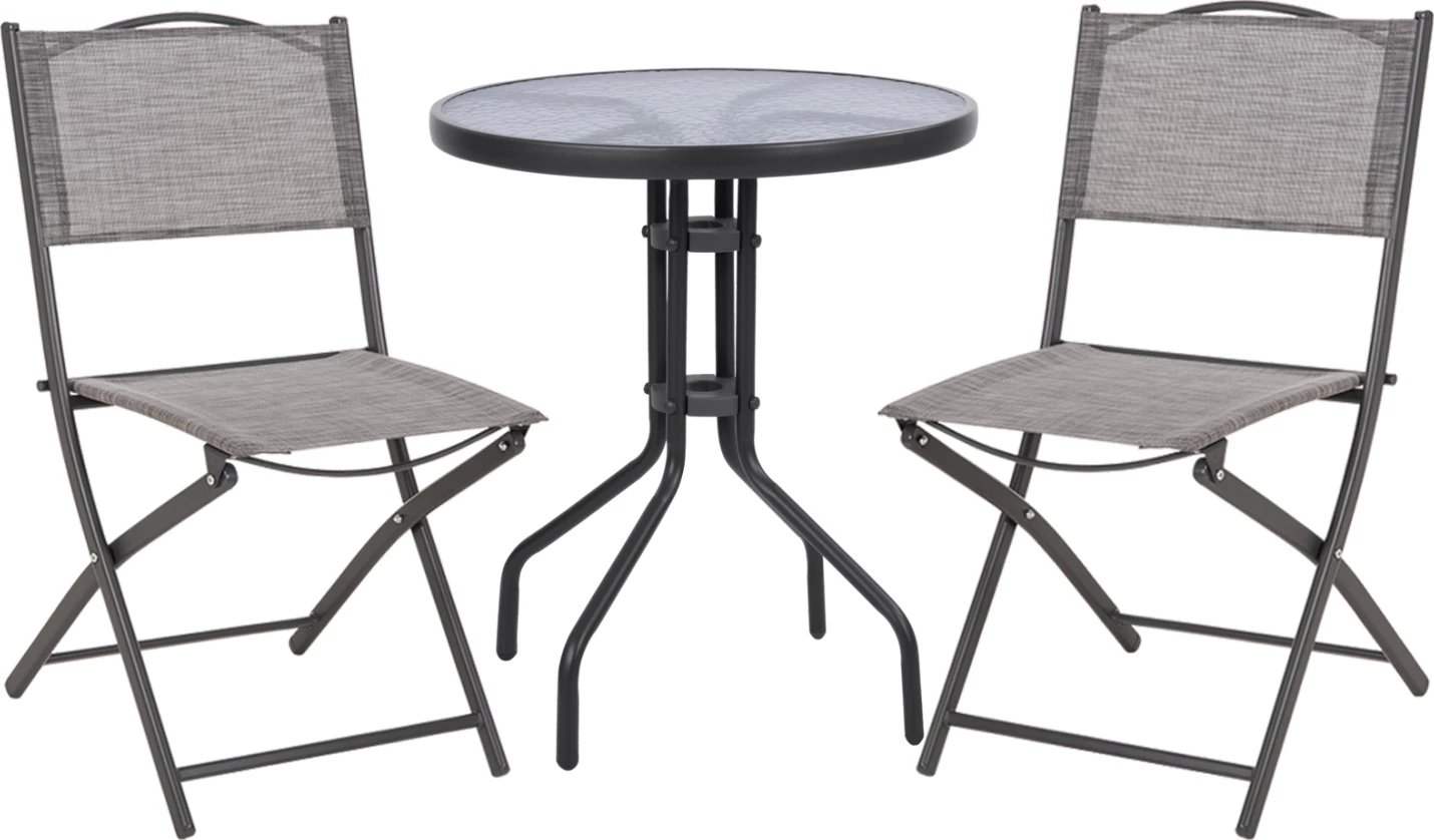 Set për ngrënie jashtë 3 copë LIMA FH21037 tavolinë metalike e rrumbullakët dhe 2 karrige të palosshme-GRI