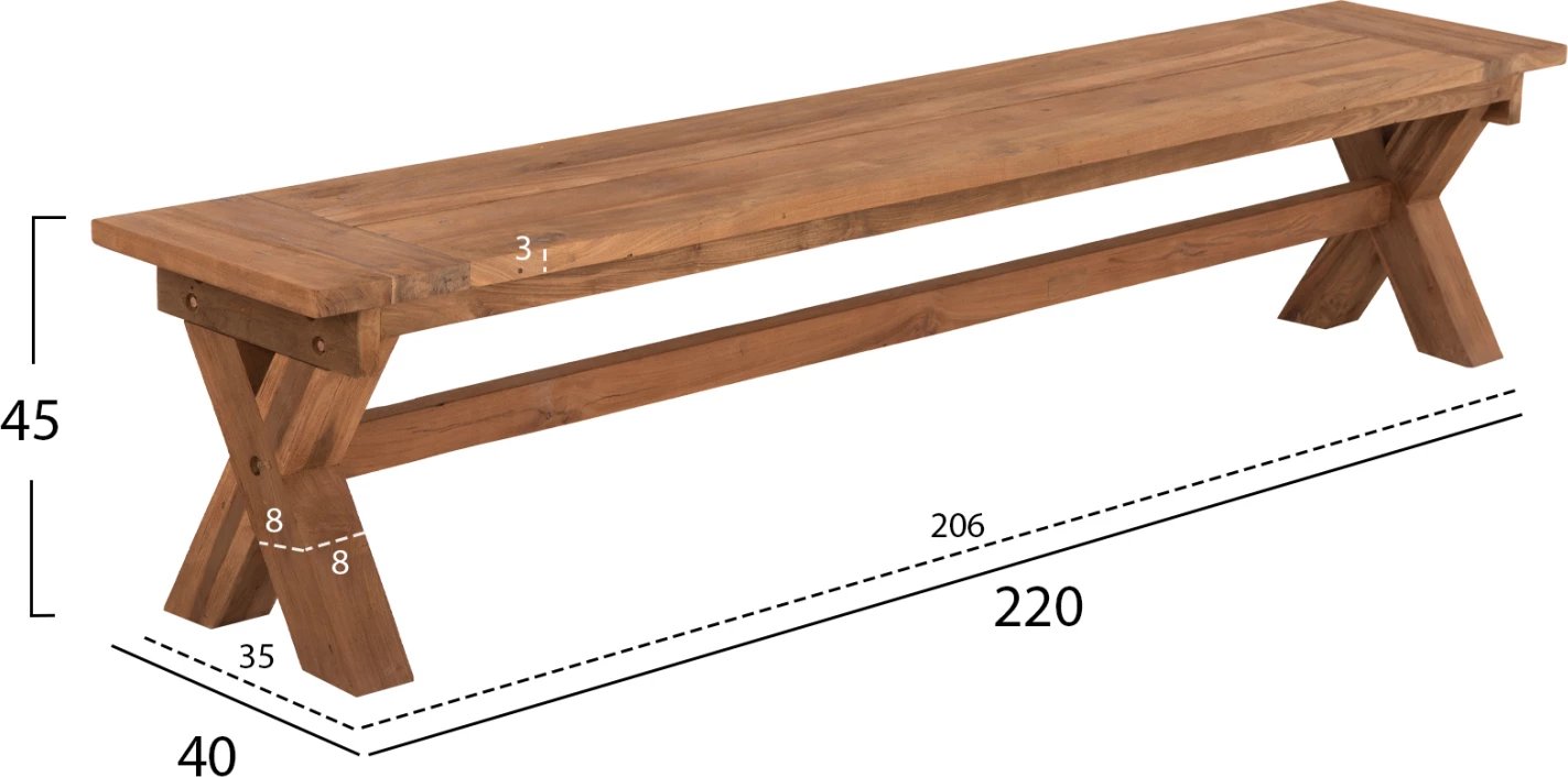 Stol për jashtë, dru TEAK i ricikluar, ngjyrë natyrale, 220x40x45H cm