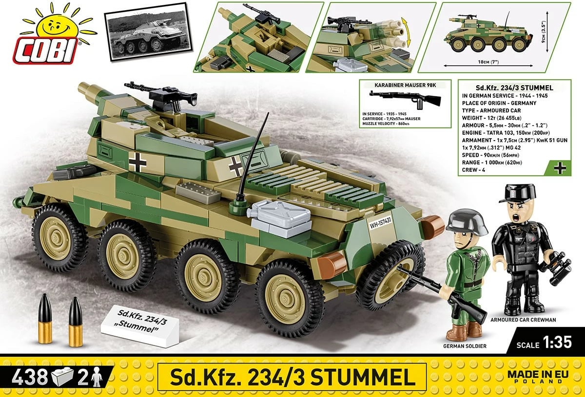 Set ndërtimi Cobi Klocki Historical Collection Sd.Kfz. 234/3 Stummel, 438 pjesë, me 2 figura, kamuflazh Set ndërtimi Cobi Klocki Historical Collection Sd.Kfz. 234/3 Stummel, 438 pjesë, me 2 figura, kamuflazh