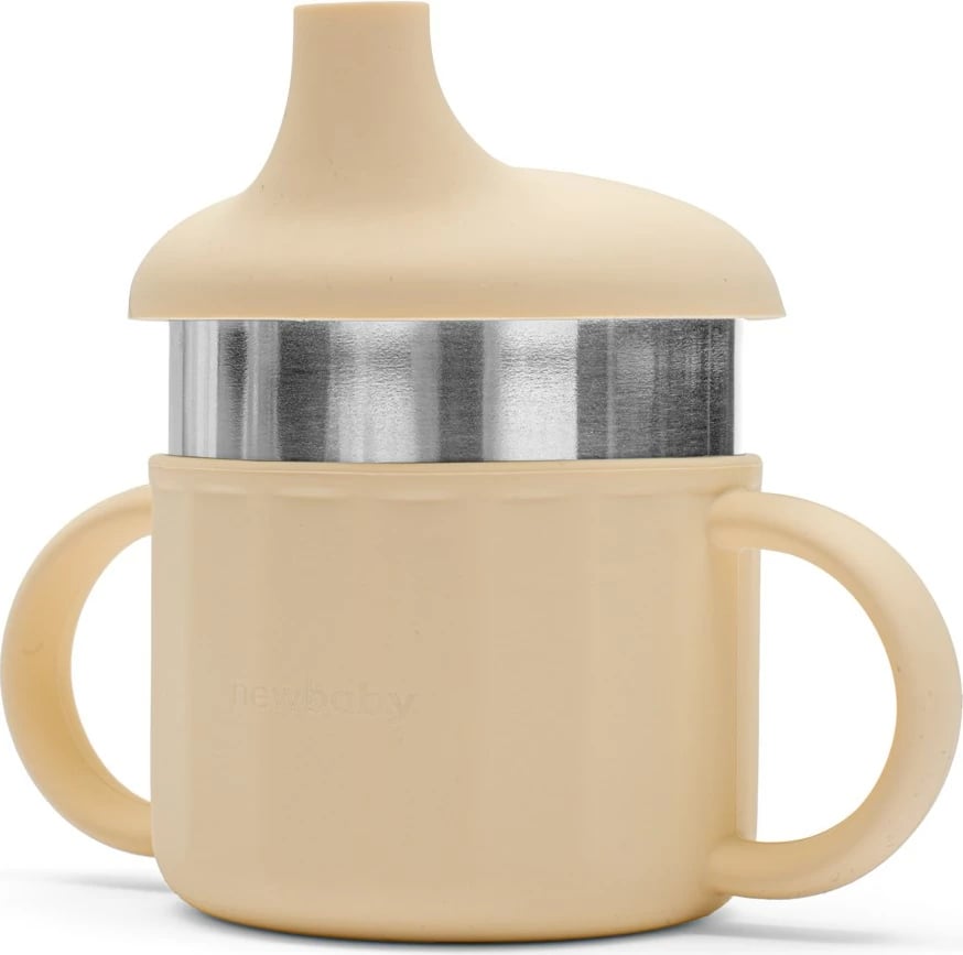 Gotë trajnimi, New Baby, 2-in-1, 220 ml, silikon + çelik inox, me doreza, bezhë
